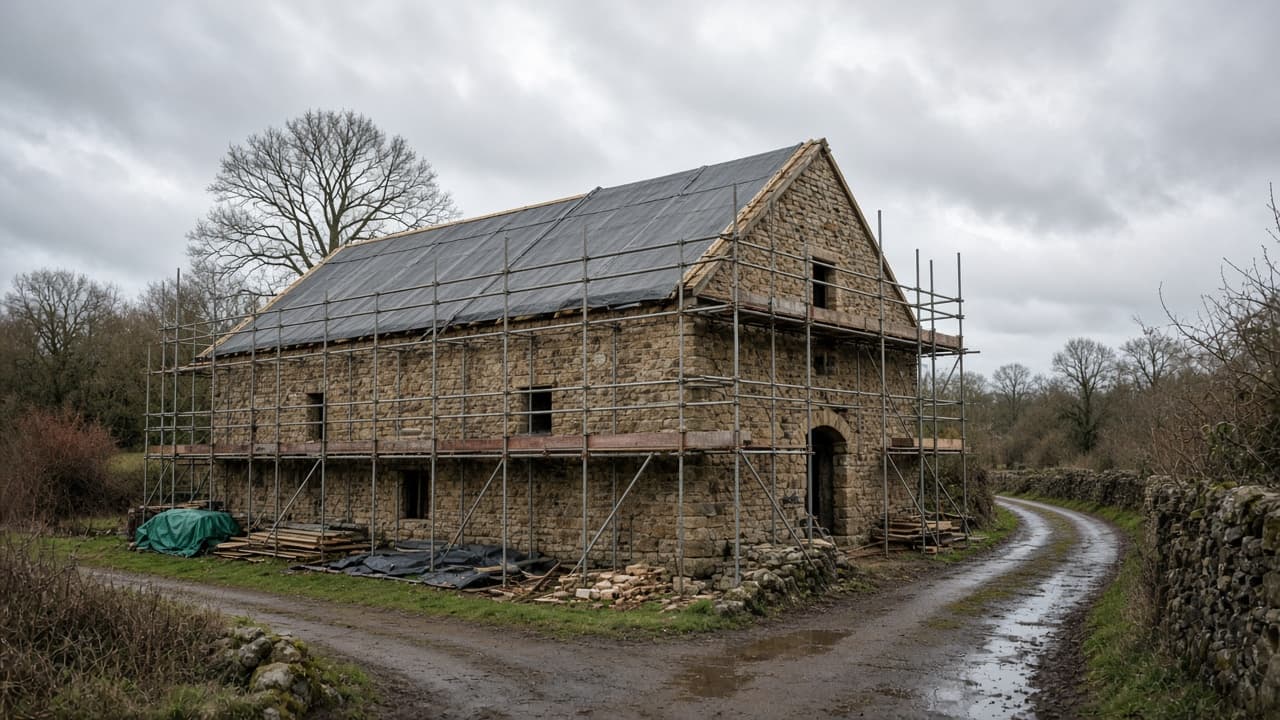 Stone barn under restoration with scaffolding