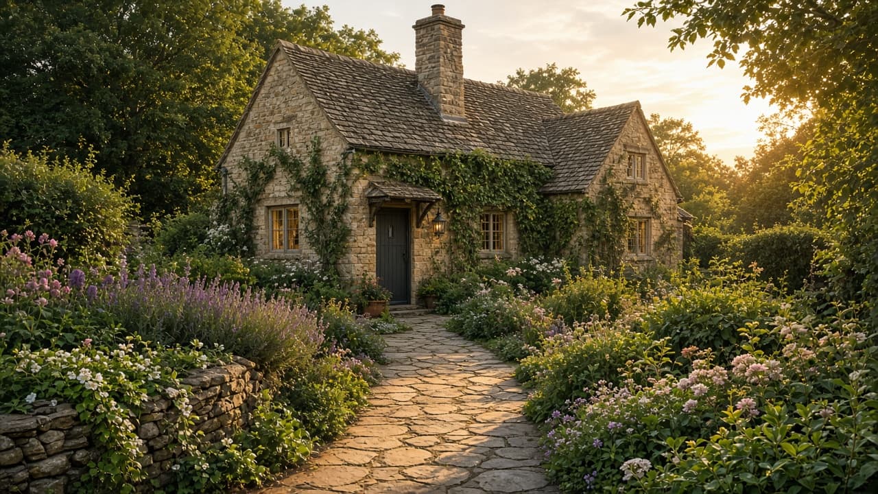 Garden path to a renovated English cottage
