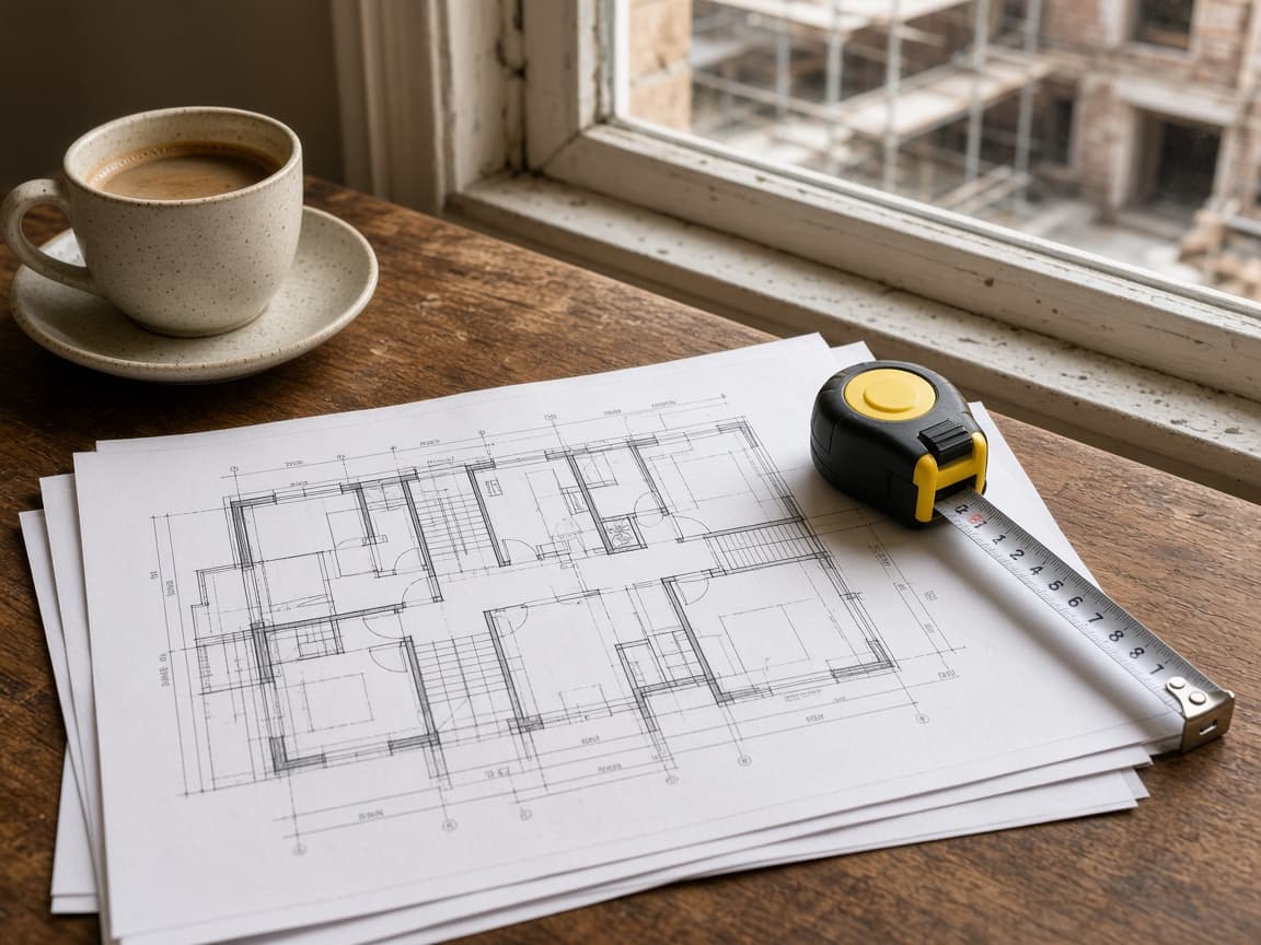 Building plans and project notes on a desk