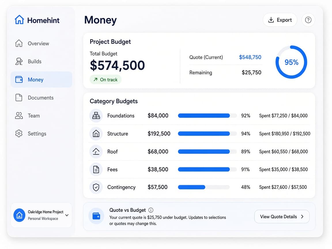 Homehint Money screen with category budget bars